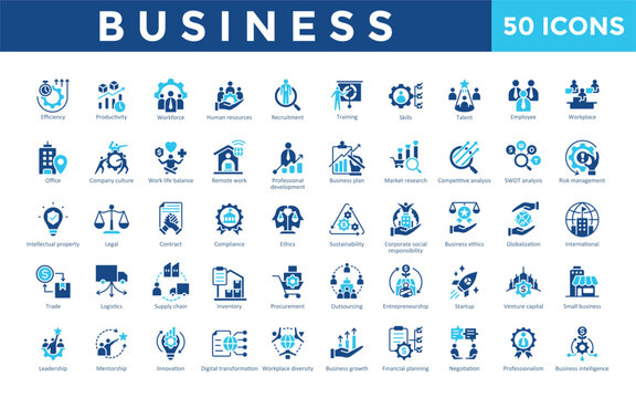 Business icon set with efficiency, productivity, workforce, human resources, recruitment, training, skills, talent, employee, workplace icon. Simple flat vector 

