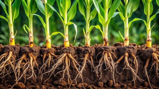 Close up of corn seedlings' roots embedded in soil, corn, seedlings, roots, soil, agriculture, growth, farming