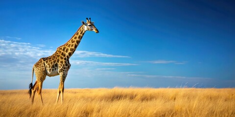 Obraz premium Lonely giraffe standing alone in the wilderness against a sky blue background, giraffe, wild, alone, solitude, animal, Africa