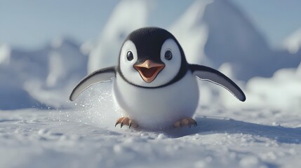 Cute Penguin Chick Waddling on Snow.