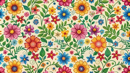 Seamless pattern featuring colorful flowers and vines, floral, seamless, pattern, flowers, botanical, garden, nature