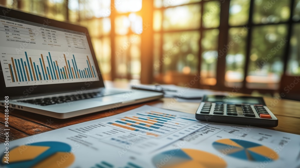 Poster laptop with financial graphs and charts in office. laptop displaying financial graphs and charts on 