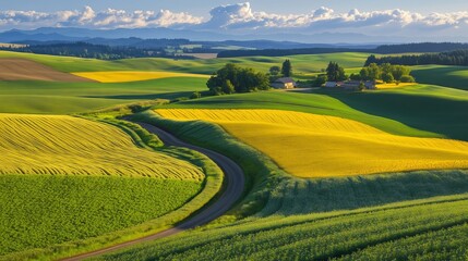 Obraz premium An aerial view shows vibrant sunflowers and wheat, with a farmhouse and blue sky enhancing the scene.