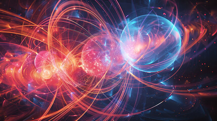 Digital art piece showing positrons and electrons in a quantum entanglement experiment