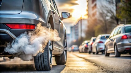 Exhaust fumes from idling cars in urban setting , pollution, transportation, vehicle emissions