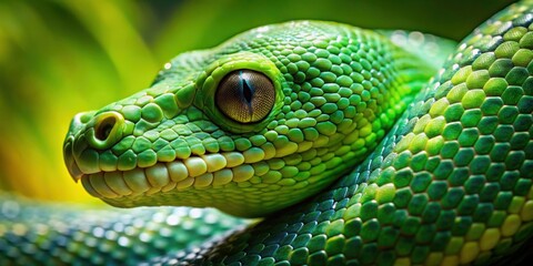 Fototapeta premium Close-up of a green snake showing intricate scales , reptile, wildlife, serpentine, slither, venemous, exotic, reptilian