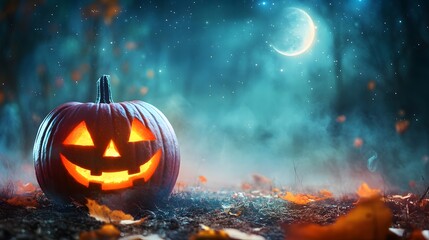  Cheerful Grinning Jack-o'-Lantern on Earthen Patch, Twinkling Starry Sky, Distant Hauntingly Beautiful Moon, Expansive Negative Space