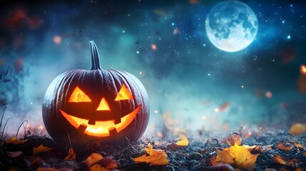Naklejka premium Cheerful Grinning Jack-o'-Lantern on Earthen Patch, Twinkling Starry Sky, Distant Hauntingly Beautiful Moon, Expansive Negative Space