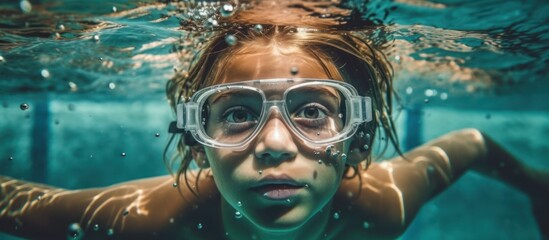 Naklejka premium Child Swimming Underwater in a Pool