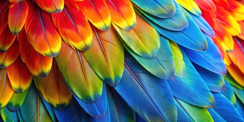 Obraz premium Closeup of vibrant and exotic parrot feathers, parrot, colorful, feathers, tropical, bird, closeup, texture, exotic, bright