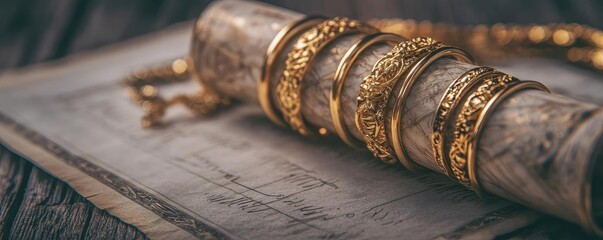 Elegant golden rings displayed on vintage paper, showcasing intricate designs. Perfect for jewelry-related visuals and luxury themes.