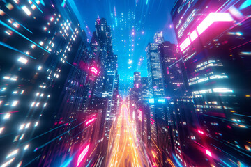 Obraz premium Light streaks in various colors fly over the city buildings at night.