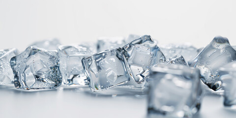 Melted ice cubes are isolated on a white backdrop, with soft shadows and low contrast.