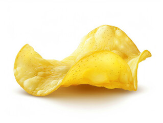 An open potato chip is isolated on a white backdrop.