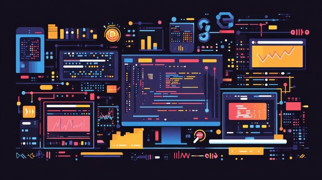 Modern Flat Design Illustration of Python, JavaScript, and C++ Coding Languages with Programming Symbols and Screens for Coding Skills Development