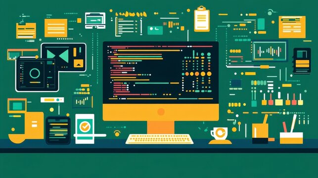 Modern Flat Design Illustration of Python, JavaScript, and C++ Coding Languages with Programming Symbols and Screens for Coding Skills Concept