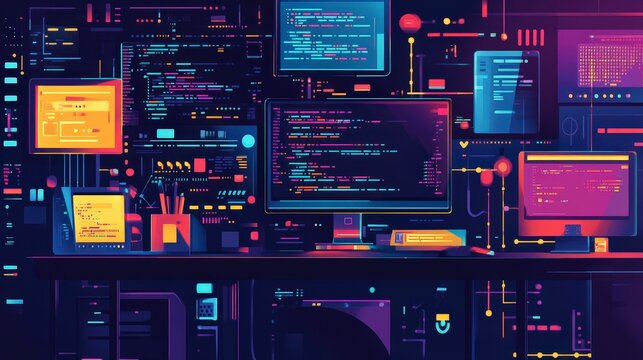 Digital Coding Universe: Flat Design Illustration of Python, JavaScript, and C++ Programming Languages with Coding Symbols and Screens to Showcase Coding Skills