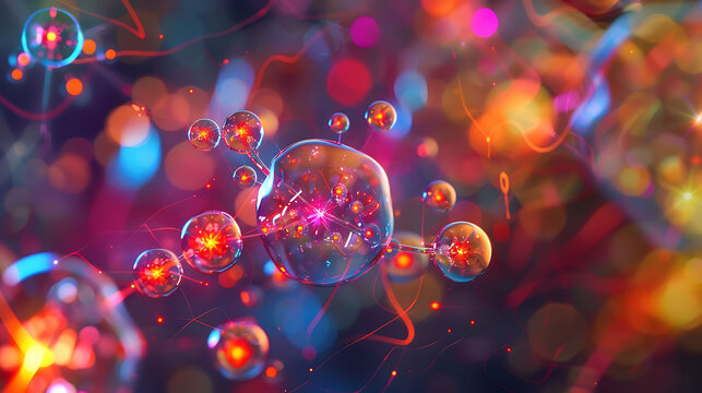 Conceptual image of quarks and gluons forming a proton with a vibrant background