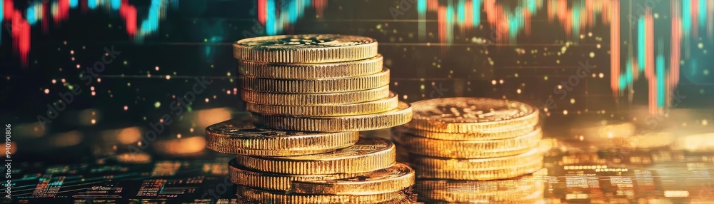 Poster a close-up view of stacked coins with a digital trading graph in the background, symbolizing financi