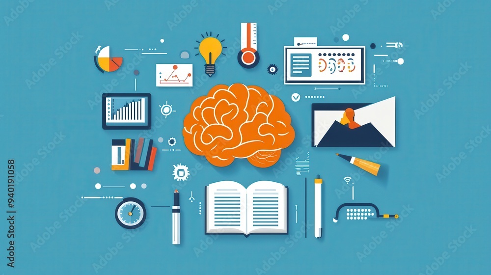Poster flat design illustration of educational psychology: brain icons and learning theories exploring teac