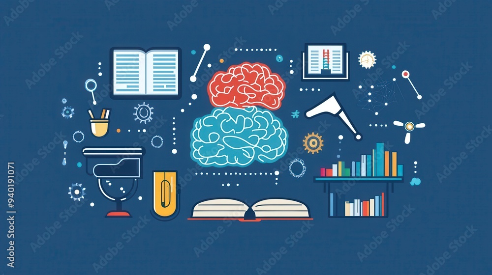 Poster modern flat design illustration of educational psychology concepts with brain icons and learning the