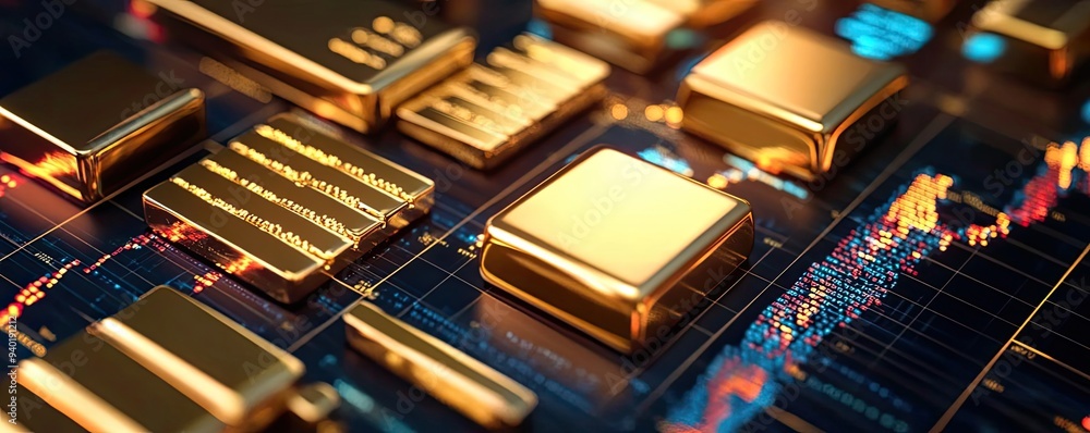 Poster close-up of a circuit board featuring sleek golden components and vibrant data graphs, symbolizing a