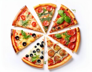 Slices of different tasty pizzas isolated on white, top view