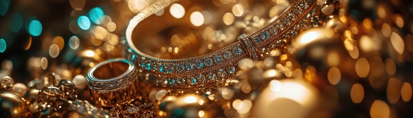 Stunning jewelry bracelet adorned with sparkling gemstones, surrounded by a backdrop of shimmering gold and festive lights.