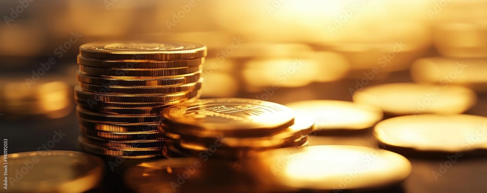 Poster a close-up view of stacked coins illuminated by warm light, symbolizing wealth and prosperity in a f