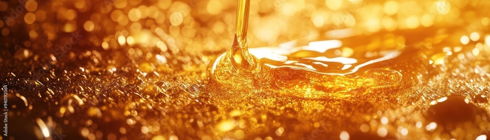 Poster a close-up of golden liquid drops reflecting light, creating a mesmerizing and tranquil atmosphere f