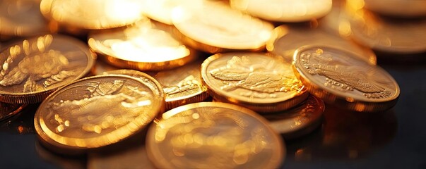 A close-up view of shiny gold coins scattered on a dark surface, symbolizing wealth and prosperity.