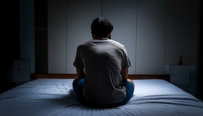 침대에 앉아 슬픔에 잠긴 사람의 뒷모습