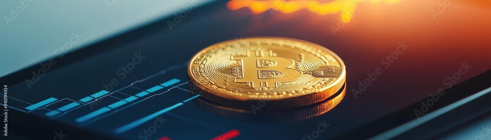 Poster a close-up view of a bitcoin on a smartphone screen displaying cryptocurrency trends and market data