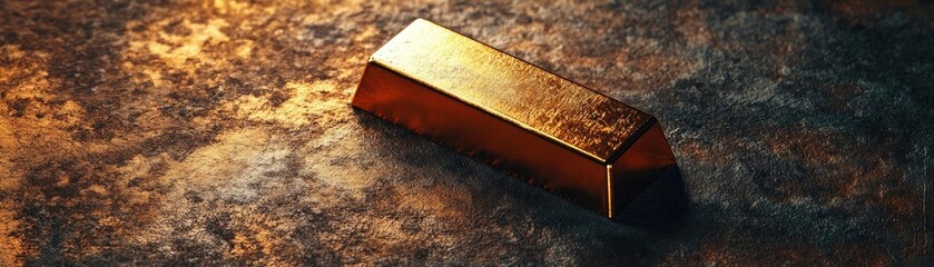 A detailed close-up of a golden bar resting on a textured surface, showcasing its luster and unique design.