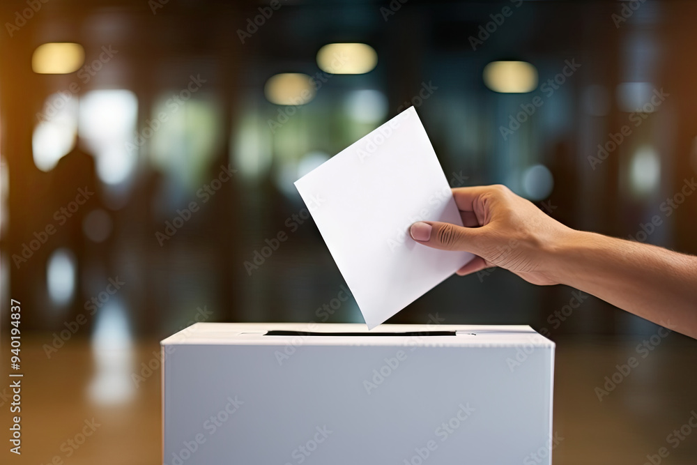 Wall mural close-up of a hand casting a ballot into a voting box, symbolizing democratic participation.