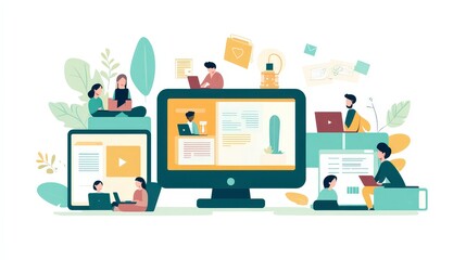 Fototapeta premium Diverse Students Engaged in Virtual Learning: Online Classes for All Ages - Flat Design Illustration