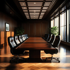 Elegant conference room featuring a long wooden table, comfortable chairs, and ample natural light through large windows.