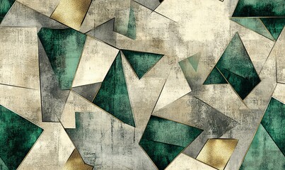 Abstract geometric pattern with gold and green accents on a textured beige background.