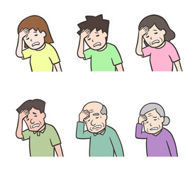 体調不調で額に手を当てる人物のイラストセット