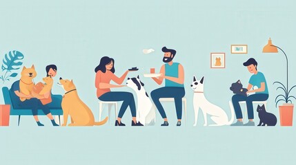Fototapeta premium Modern Flat Design Illustration of Pet Care - People Interacting with Pets in Heartwarming Scenes of Grooming, Feeding, and Playing with Affection
