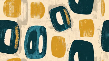 Abstract seamless pattern with blue and yellow shapes on beige background.