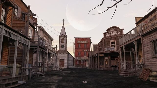4k animation rendering of an empty street in an old wild west town with wooden buildings.