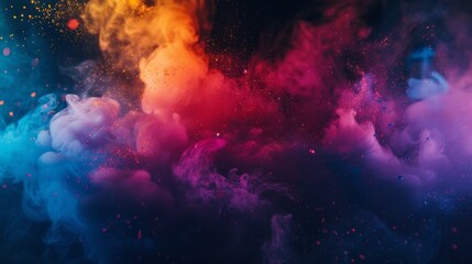 Colorful explosion of smoke and liquid paint on dark background
