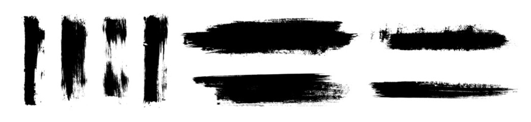 Rough Asian calligraphic ink brush strokes. Korean, Chinese, Japanese ink blots, splotches, stains on paper. Grungy vector hand-drawn textures collection. Isolated high definition elements