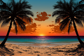 Fototapeta na wymiar Tropical beach wallpaper background with large blank space for text. Generative AI.