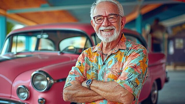 A cheerful senior man standing proudly in front of a vintage car, dressed in a vibrant Hawaiian shirt. 
