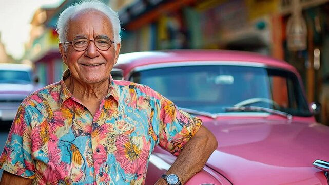 A cheerful senior man standing proudly in front of a vintage car, dressed in a vibrant Hawaiian shirt. 
