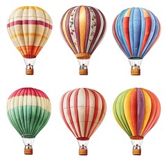 Obraz premium Set of Six Colorful Hot Air Balloons with Baskets, Captured in Flight for a Joyful and Dynamic Aerial Display