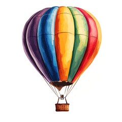 Obraz premium Watercolor Illustration of a Colorful Hot Air Balloon with Basket, Offering a Whimsical and Artistic Depiction