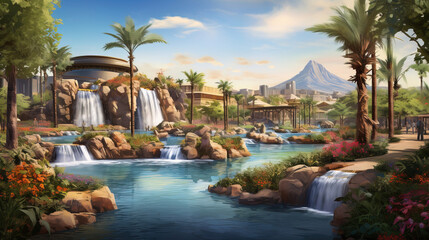 Fototapeta premium Tropical Paradise: Lush Landscape with Waterfalls and Palm Trees